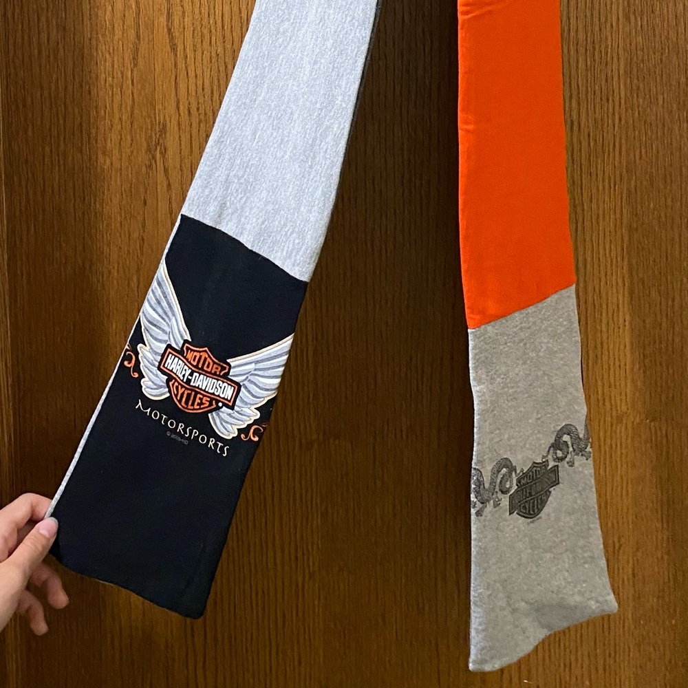 Custom scarf made w/Harley Davidson t-shirts. 5.5 in. width x 85 in. length